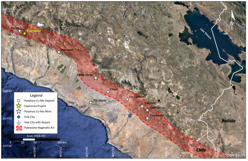 Figure 1 - Paleocene Magmatic Arc with porphyry Cu-Mo deposits in southern Perú