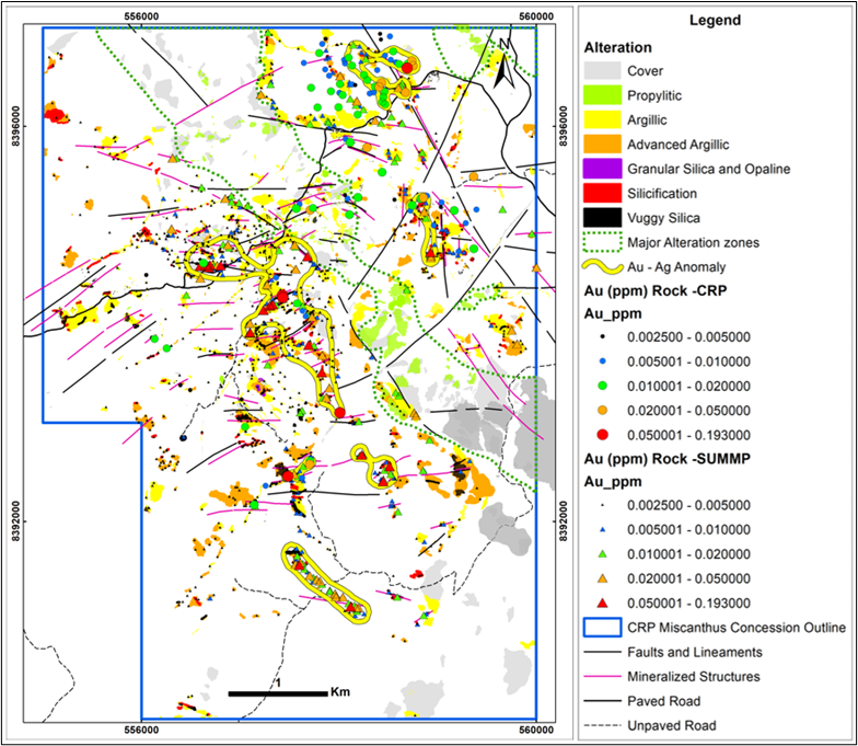 Figure 2: Alteration map outlining the high-sulphidation epithermal Au target areas with anomalous surface rock Au geochemistry. Source: Globetrotters Resources Group 2023 and 2024, Author: Manuel Montoya