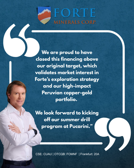 Graphic quote from Forte Minerals' CEO highlighting the successful closing of the company’s oversubscribed private placement. The statement emphasizes strong market interest in Forte’s exploration strategy and upcoming drill plans at the Pucarini copper-gold project in Peru.