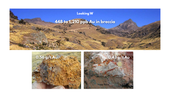 Figure 7 - Pucarini Project high sulfidation epithermal alteration with anomalous gold in surface rock geochemistry.